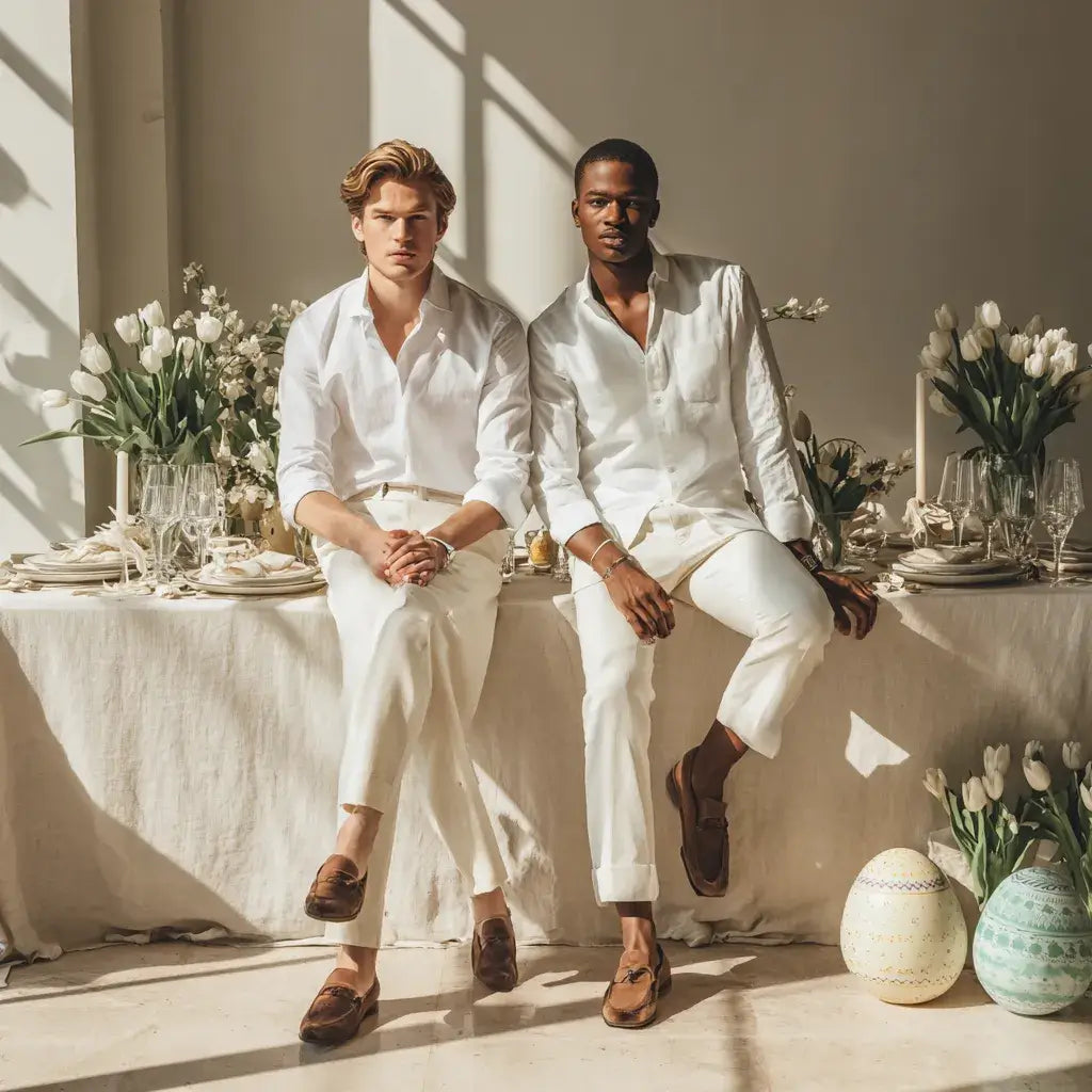 Two men wearing easy but elevated Easter brunch outfits with white shirts, light trousers, loafers, spring flowers, and decorated Easter eggs.