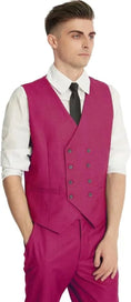 Load image into Gallery viewer, model wearing fuchsia slim fit vest and pants – formal double-breasted men’s 3 piece suit set for wedding or prom.
