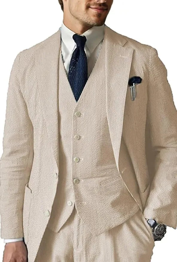 Men's khaki 3 piece seersucker wedding suit – summer blazer vest set