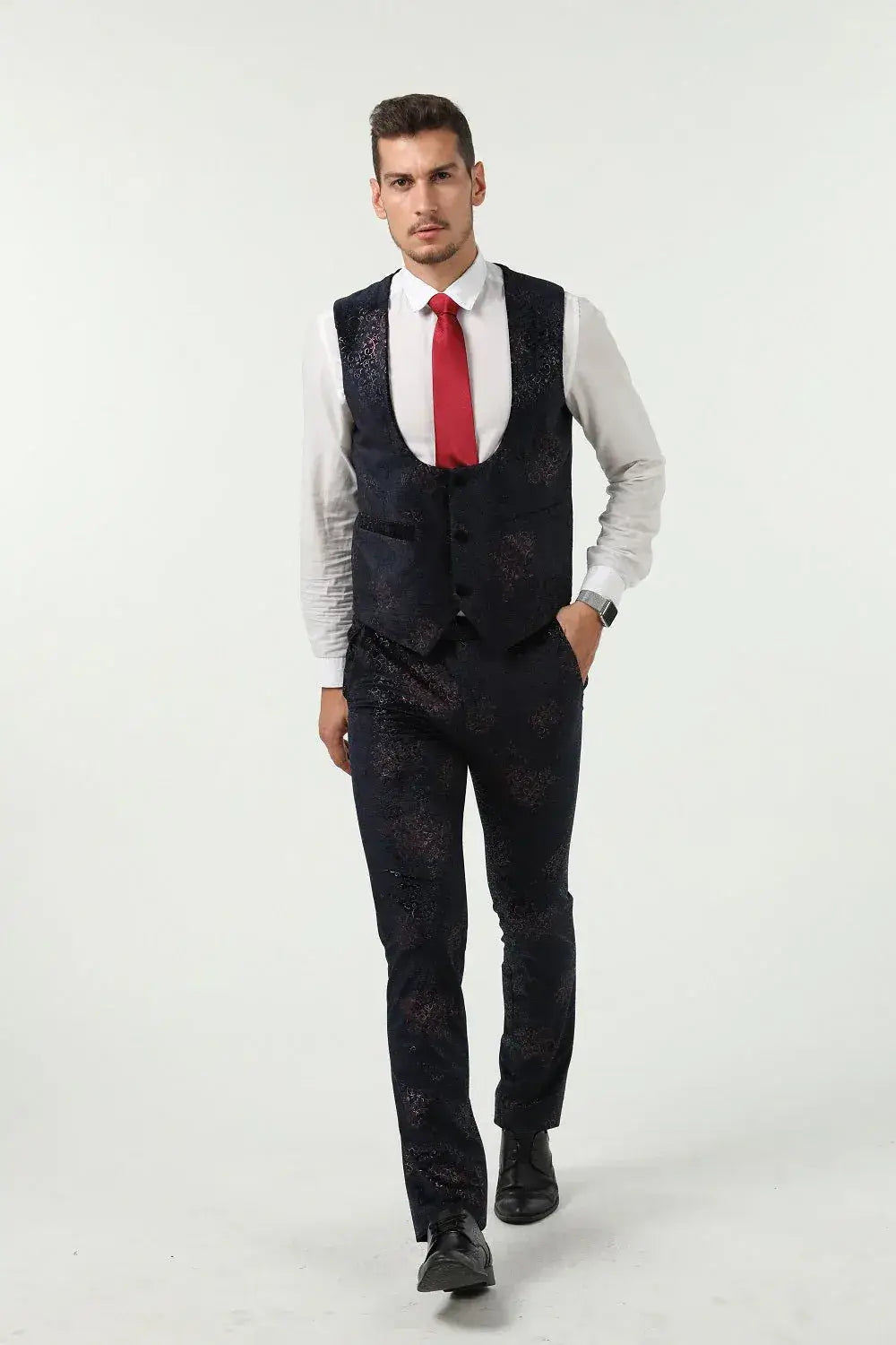 Men's navy floral velvet 3 piece suit – vest and trousers in embossed fabric