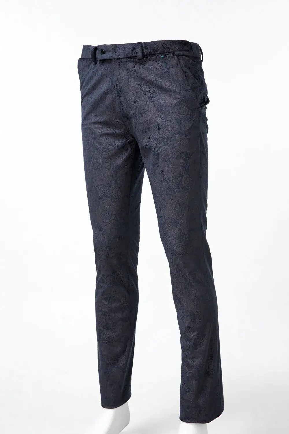 Men's navy velvet suit pants – slim fit with jacquard textured pattern, front view