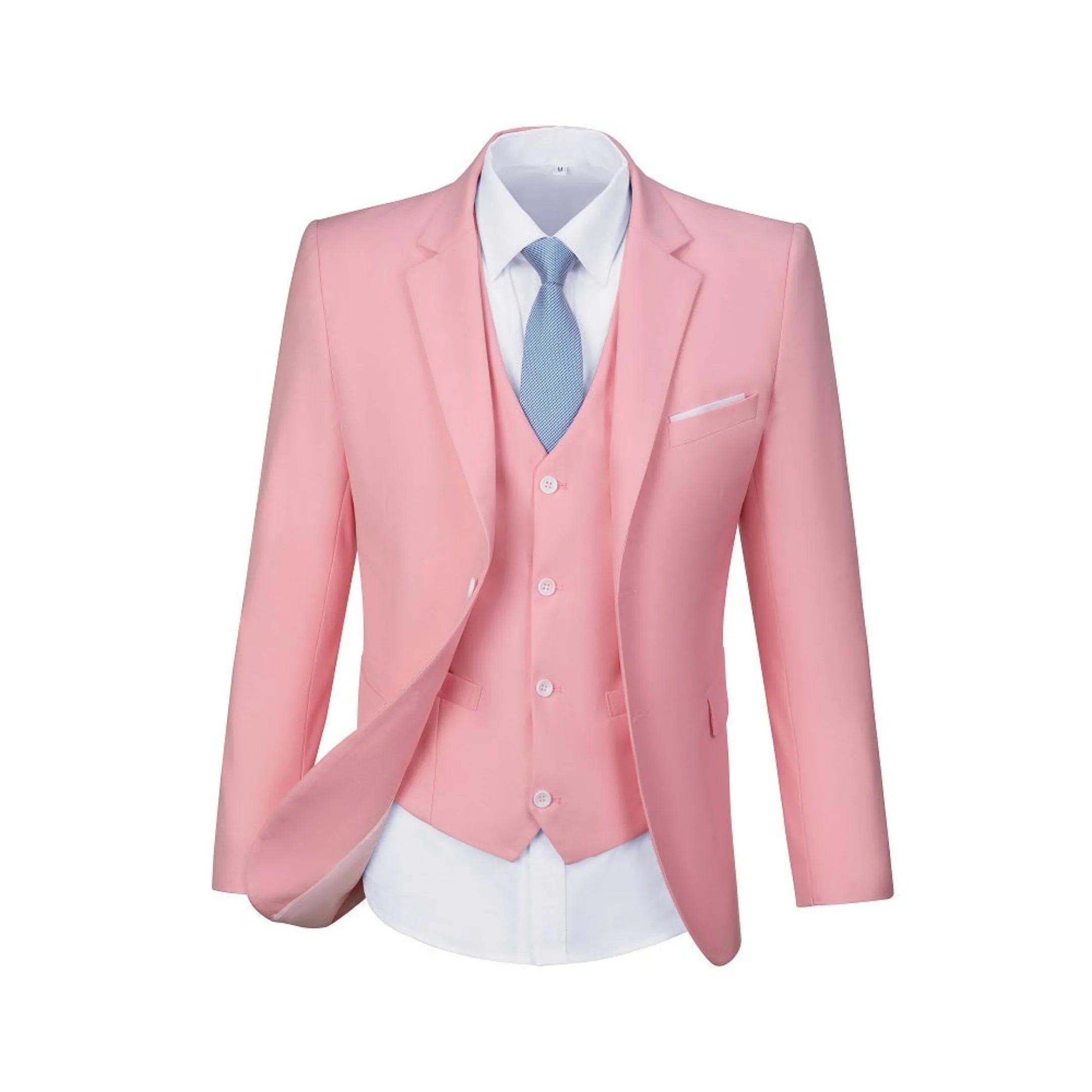 men's pink 3-piece suit with a light blue tie – front view, showing the jacket, vest, and trousers.