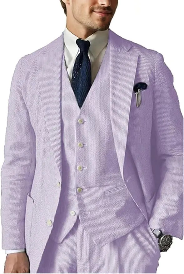Men's purple 3 piece seersucker wedding suit – summer blazer vest set