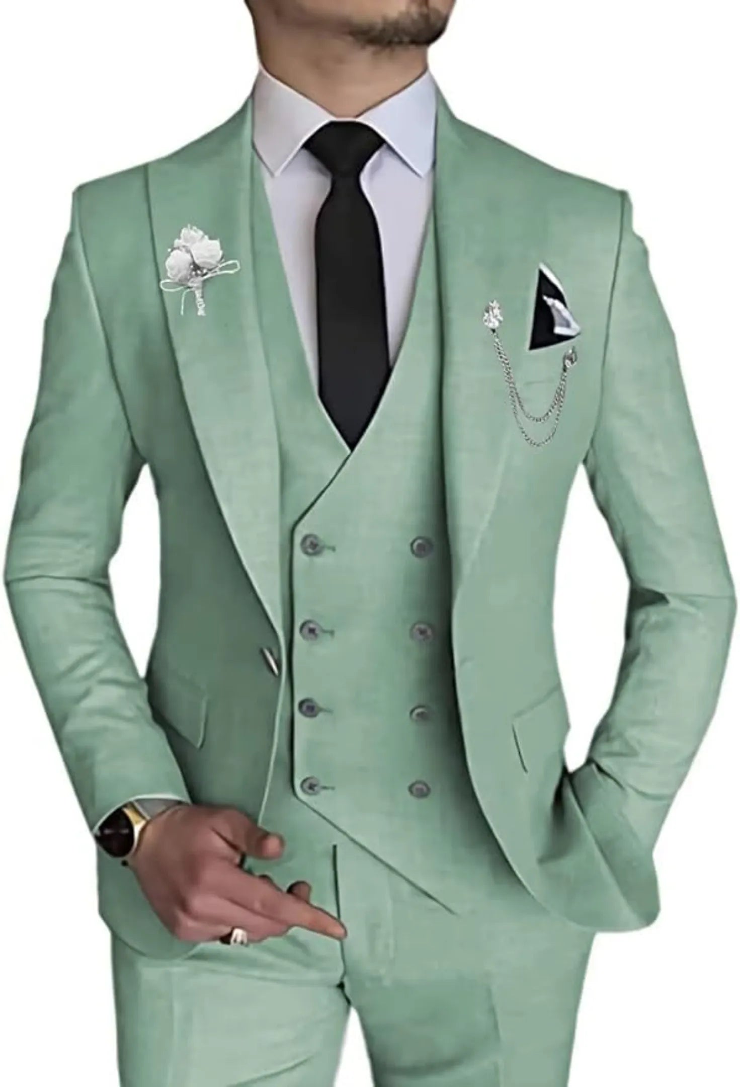 sage green men's formal 3-piece suit – double-breasted vest style shown with crisp white shirt and slim black tie