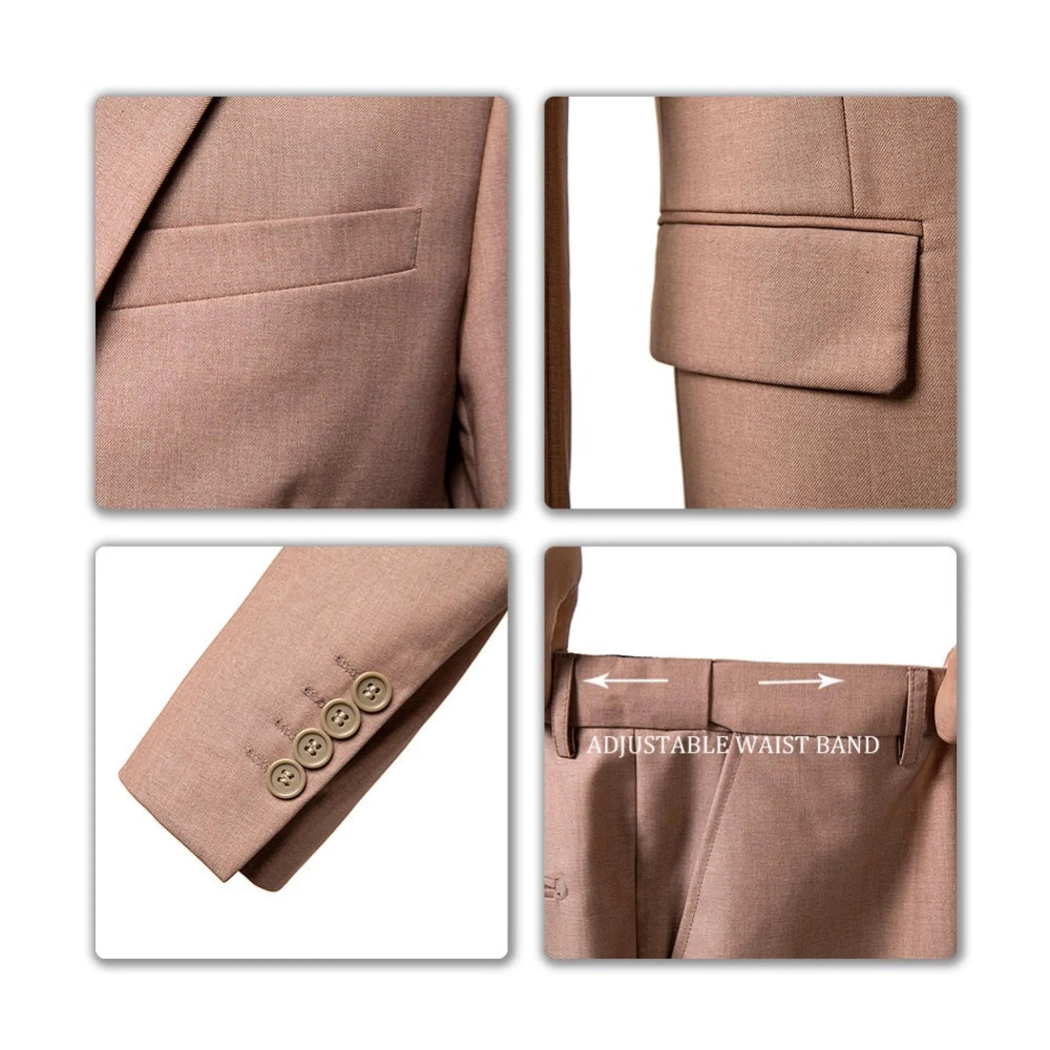 detailed view of the champagne colored men's slim fit two-button 3-piece suit jacket pockets, cuff buttons, and adjustable waistband.