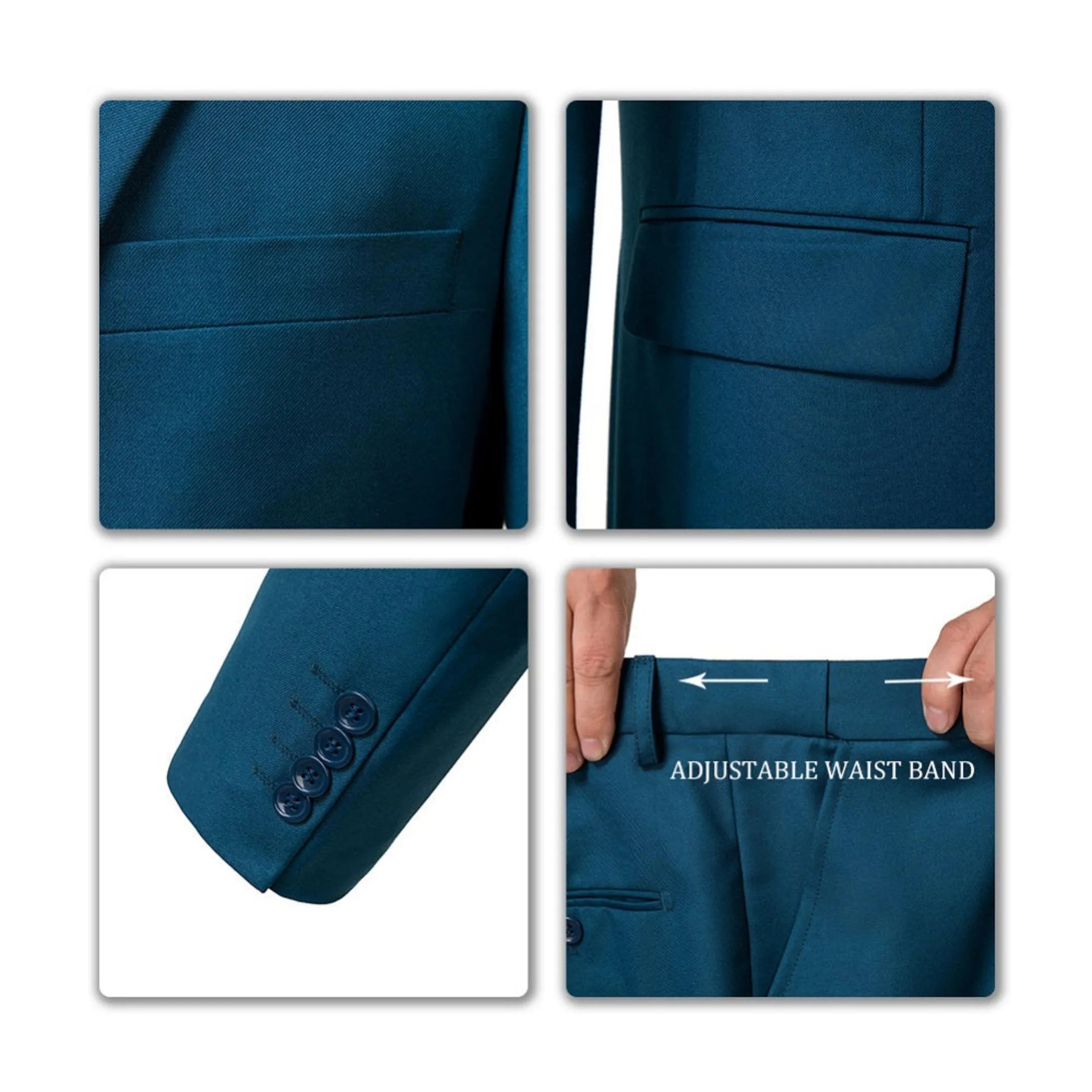 close-up of a lake blue slim fit two-button 3-piece suit details, including jacket pocket, sleeve cuff, and adjustable waistband on the trousers.