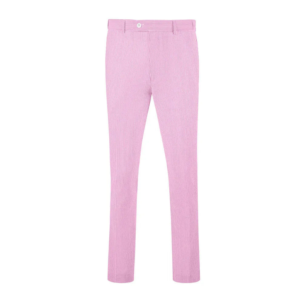 front view of men's dark pink-white striped seersucker pants with breathable fabric and expandable waist comfort