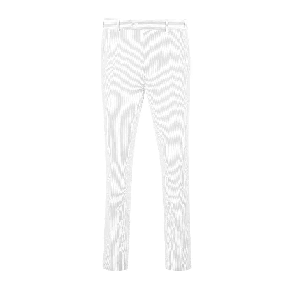 front view of men's full white striped seersucker pants with breathable fabric and expandable waist for warm weather wear