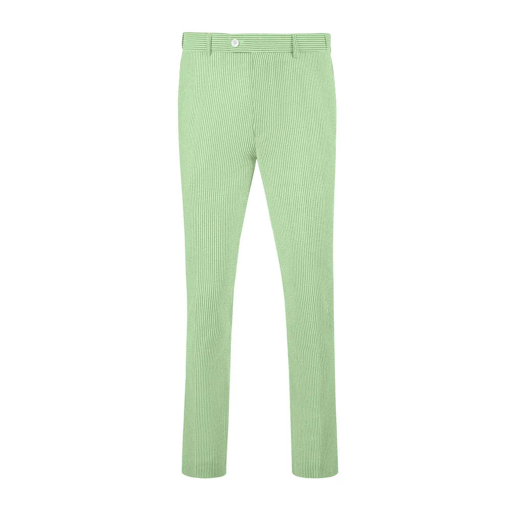 front view of men's green-white striped seersucker pants with breathable fabric and expandable waist for all-day comfort