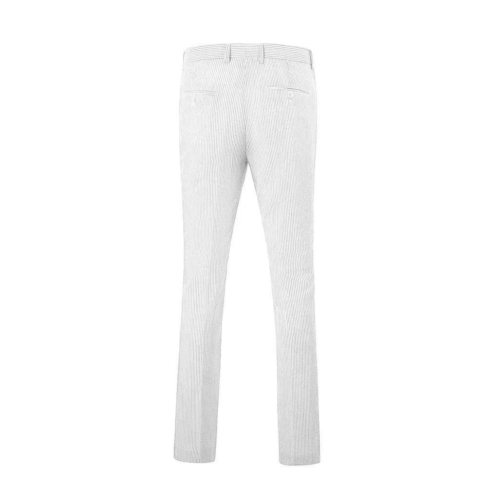 rear view of men's ivory-white striped seersucker pants with striped texture and buttoned back pockets for warm climates
