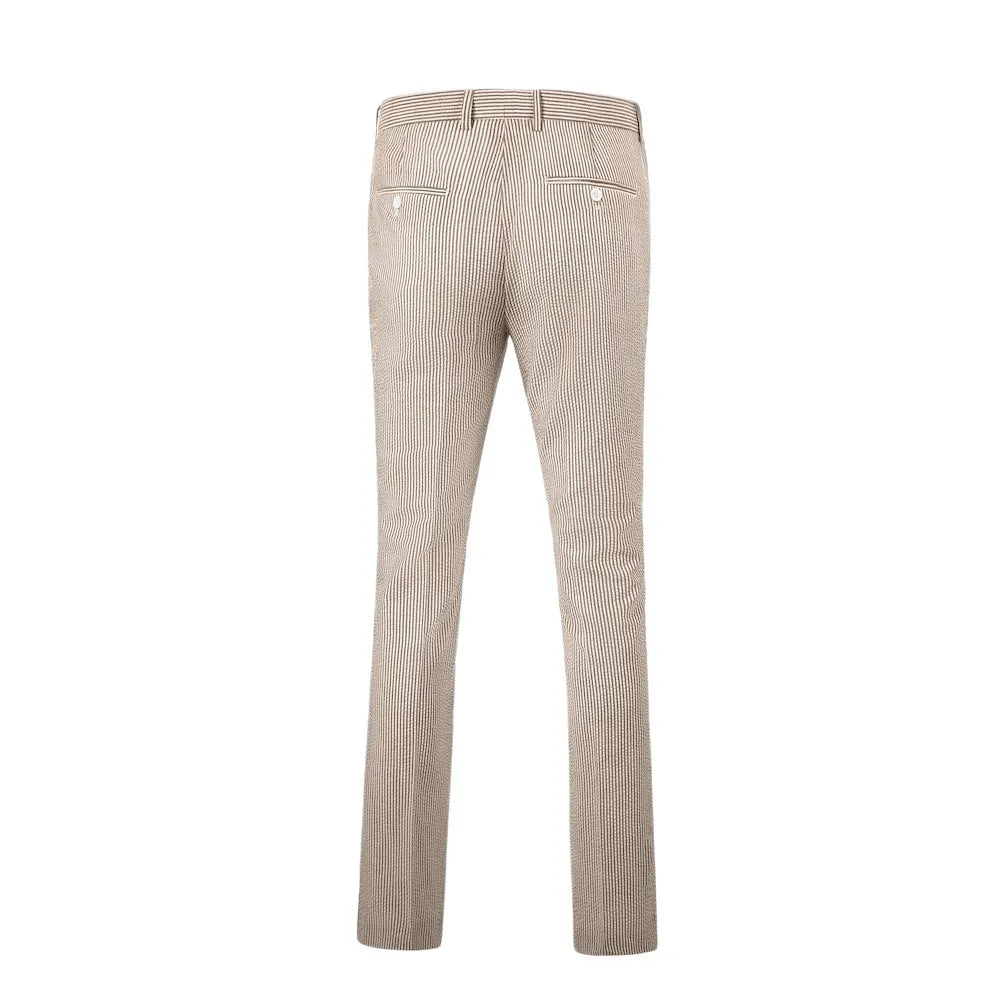 rear view of men's khaki-white striped seersucker pants with striped texture and buttoned back pockets for summer style