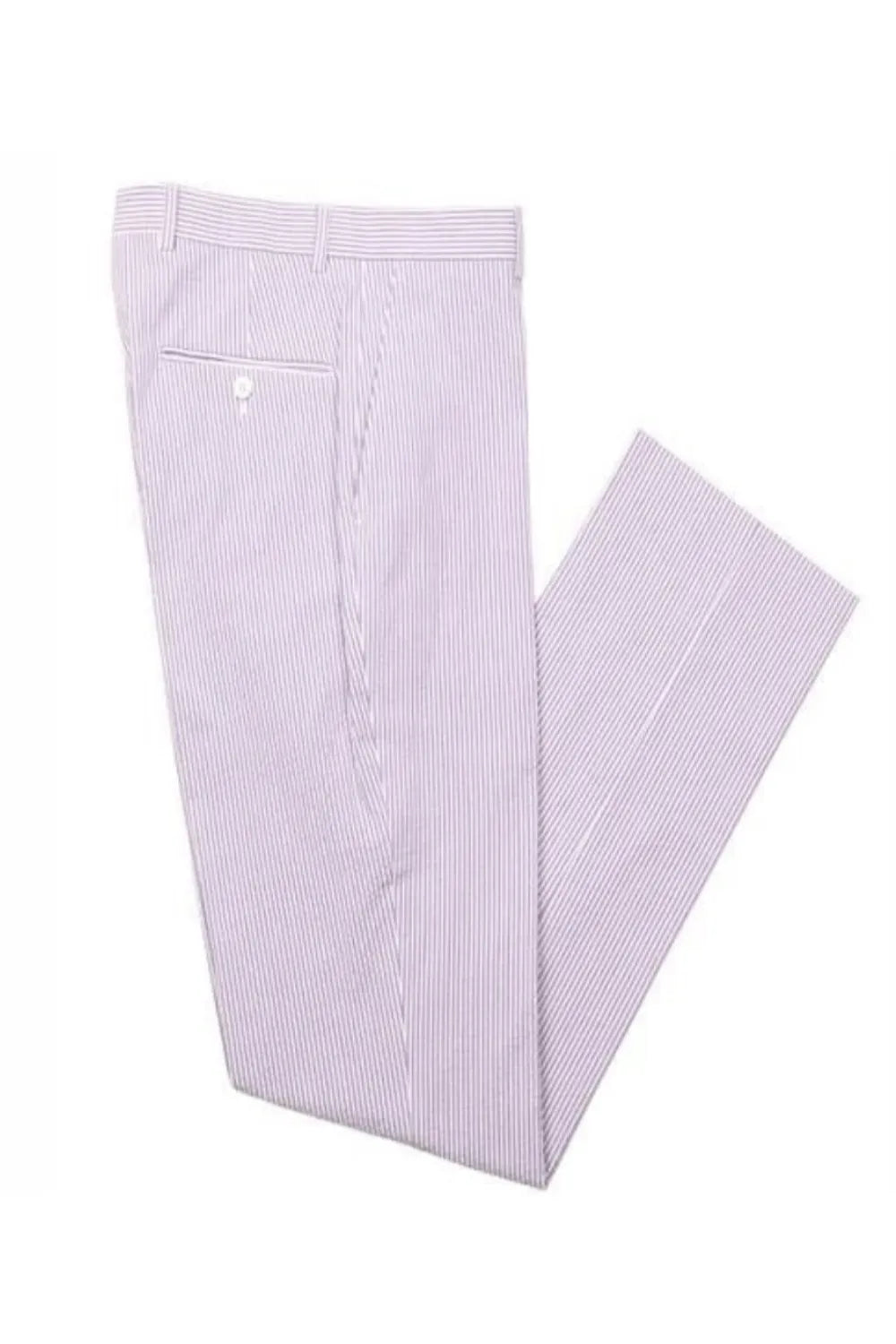 folded men's purple-white striped seersucker pants with expandable waist and rear pocket detail for breathable summer wear