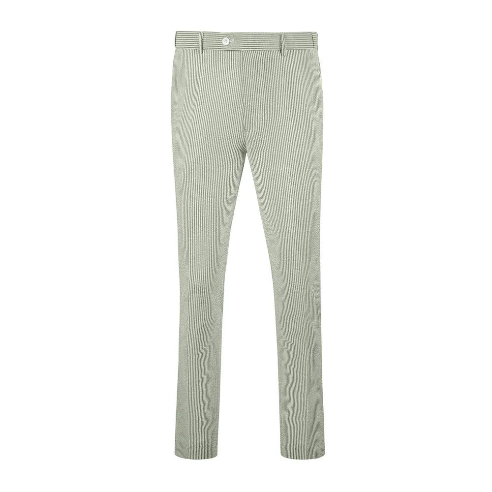 front view of men's sage green-white striped seersucker pants with breathable cotton fabric and expandable waist design