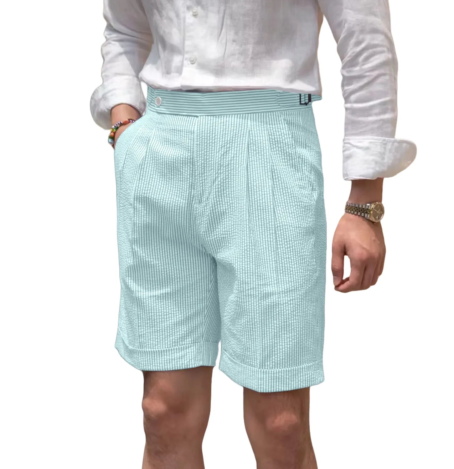 angled view of men's aqua striped seersucker shorts highlighting expandable waistband and lightweight summer style