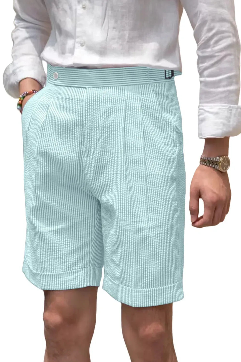front view of men's aqua striped seersucker shorts with breathable cotton weave and expandable waist for warm weather wear