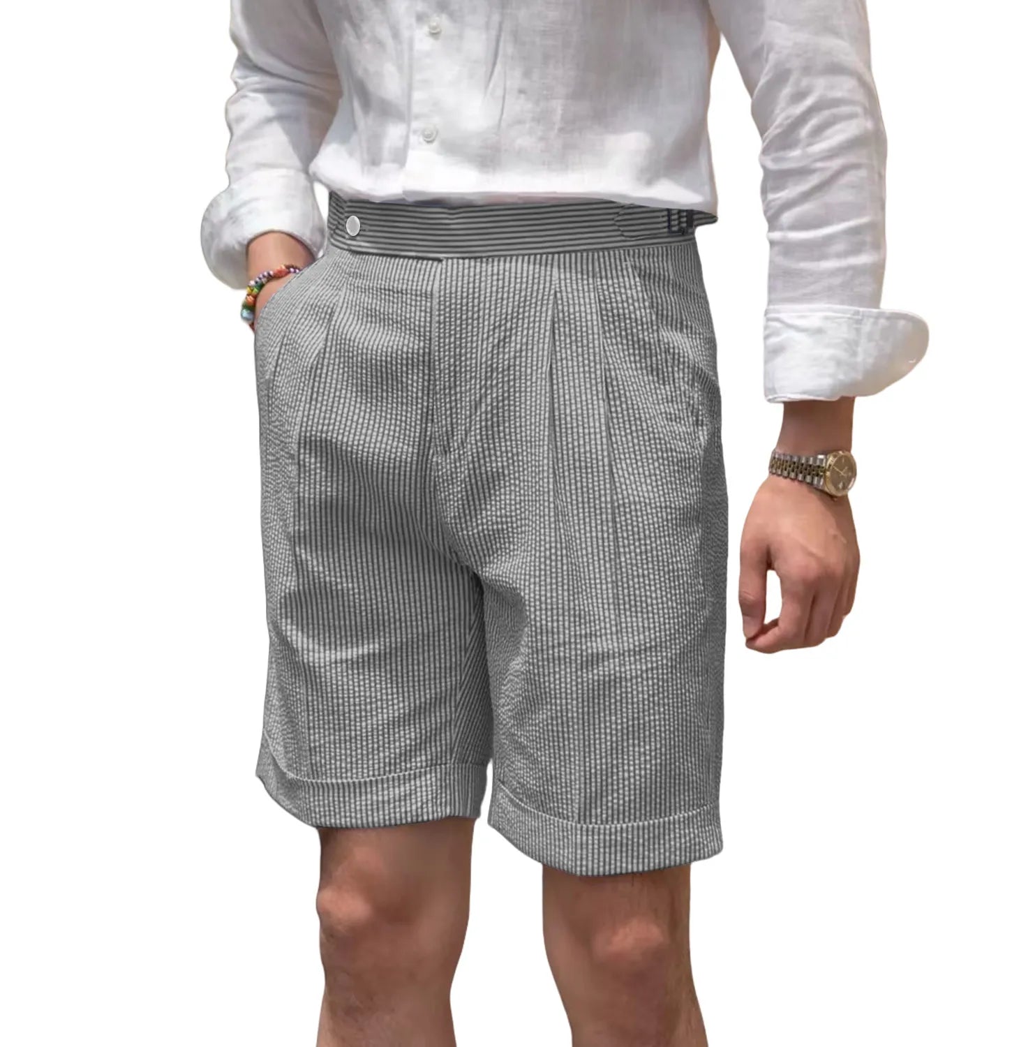 front view of men's black striped seersucker shorts with breathable fabric and expandable waist for warm weather outfits