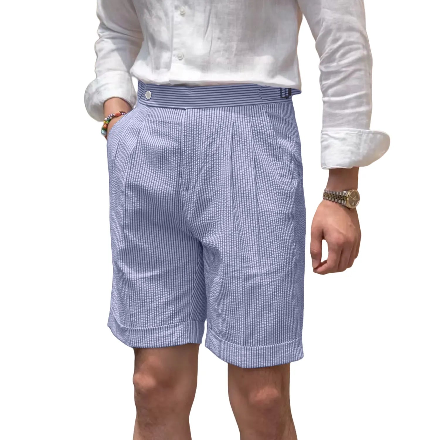 front view of men's blue striped seersucker shorts with breathable cotton texture and expandable waist for casual summer outfits