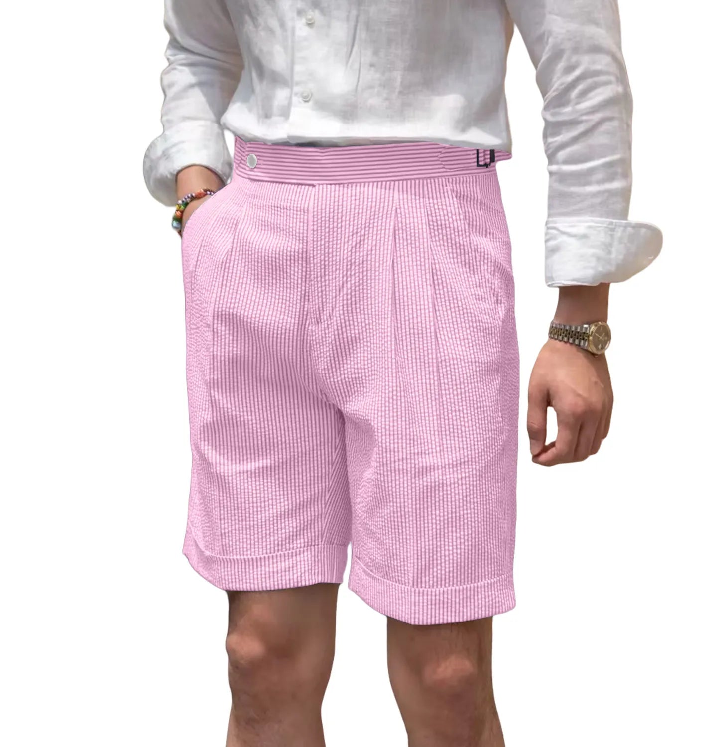 front view of men's dark pink striped seersucker shorts with breathable cotton texture and expandable waist for summer comfort