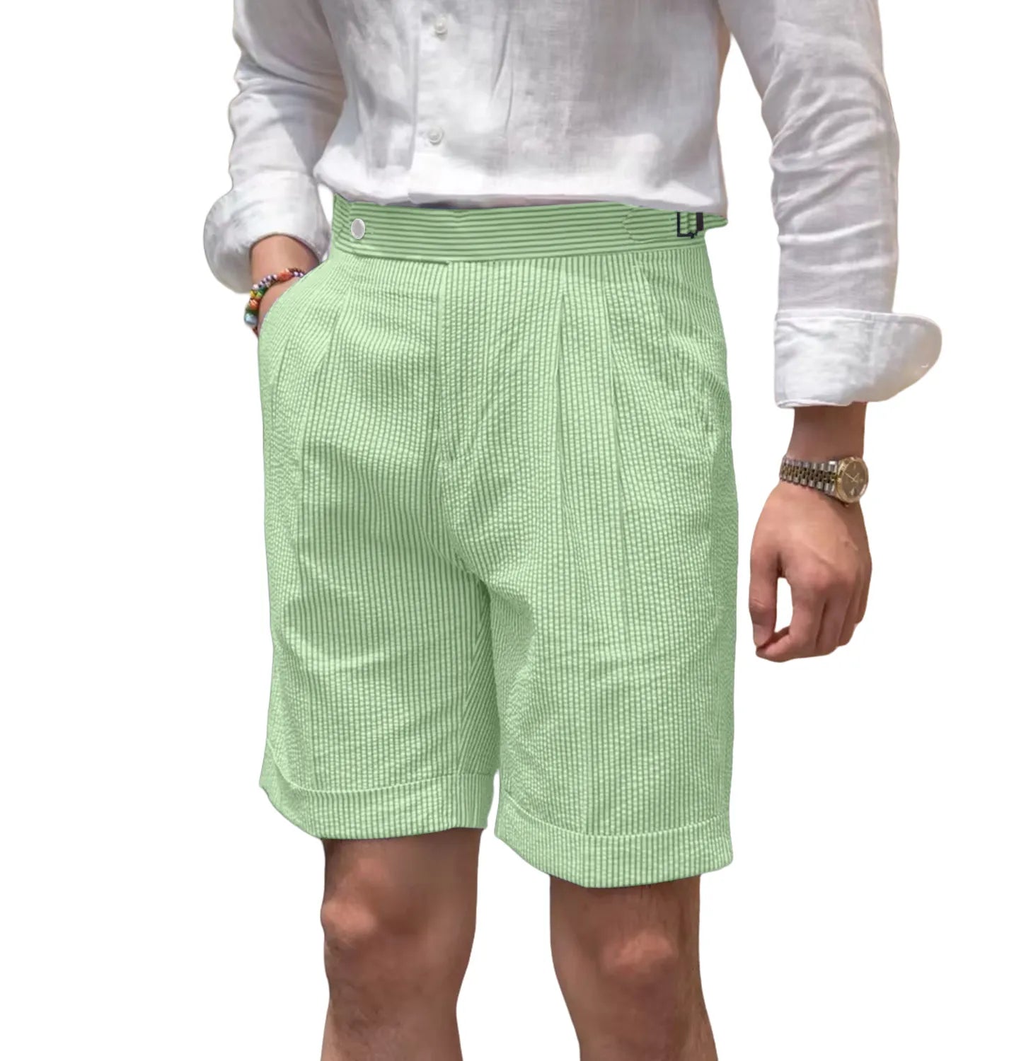 angled view of men's green striped seersucker shorts highlighting waistband detail and lightweight casual style