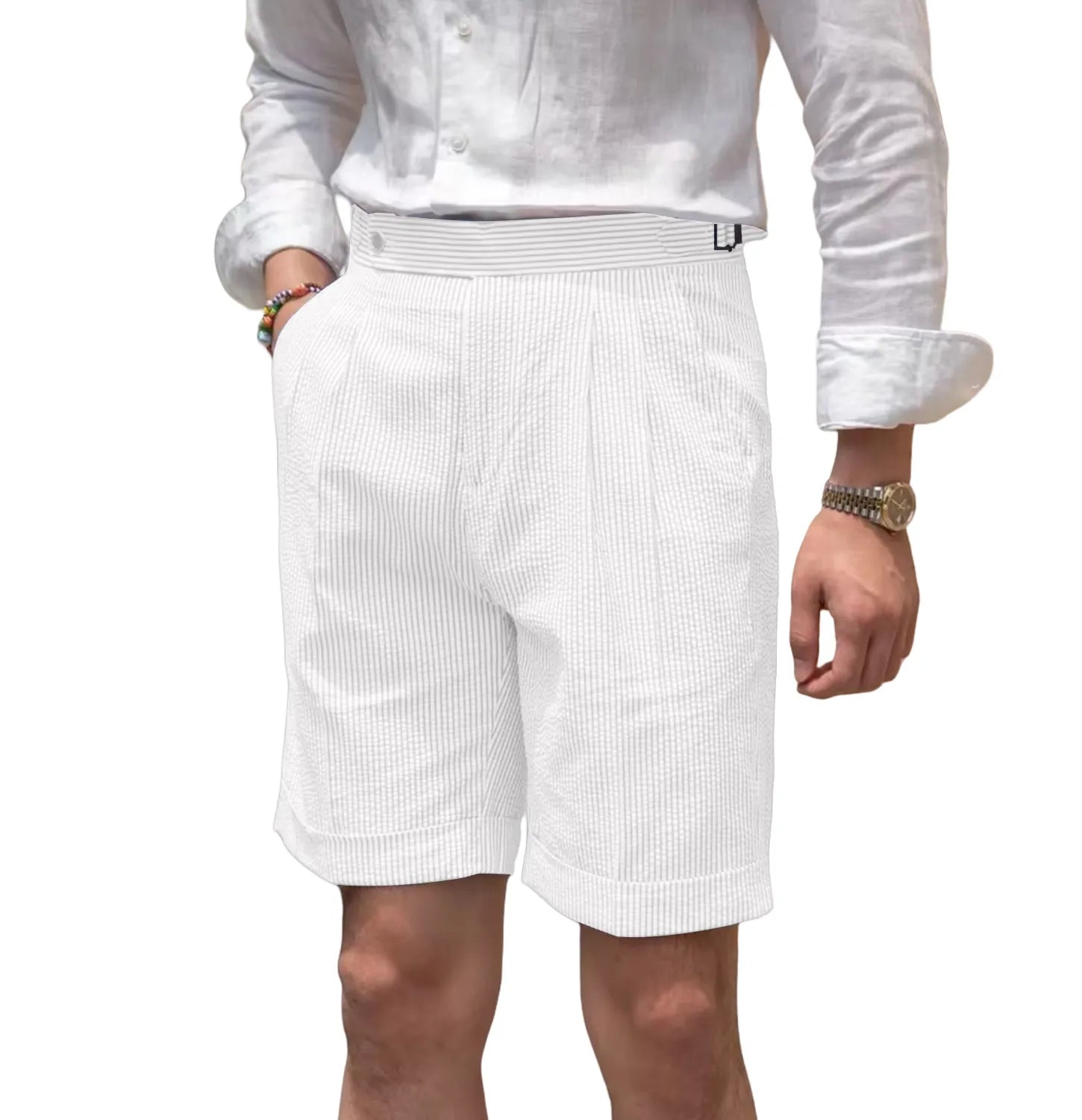 angled view of men's ivory striped seersucker shorts showing waistband design and casual summer fit