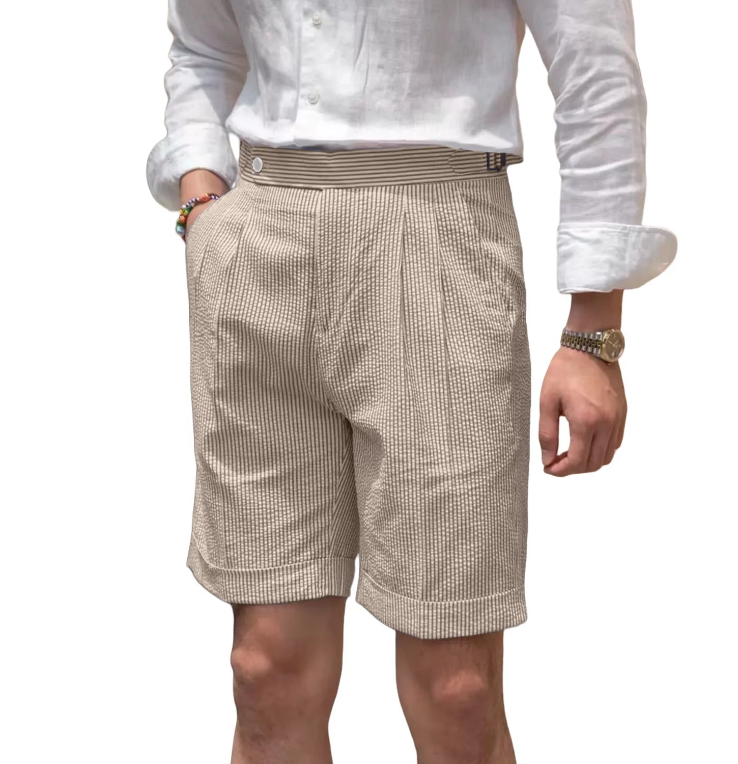 front view of men's khaki striped seersucker shorts with breathable cotton texture and expandable waist for all-day summer wear