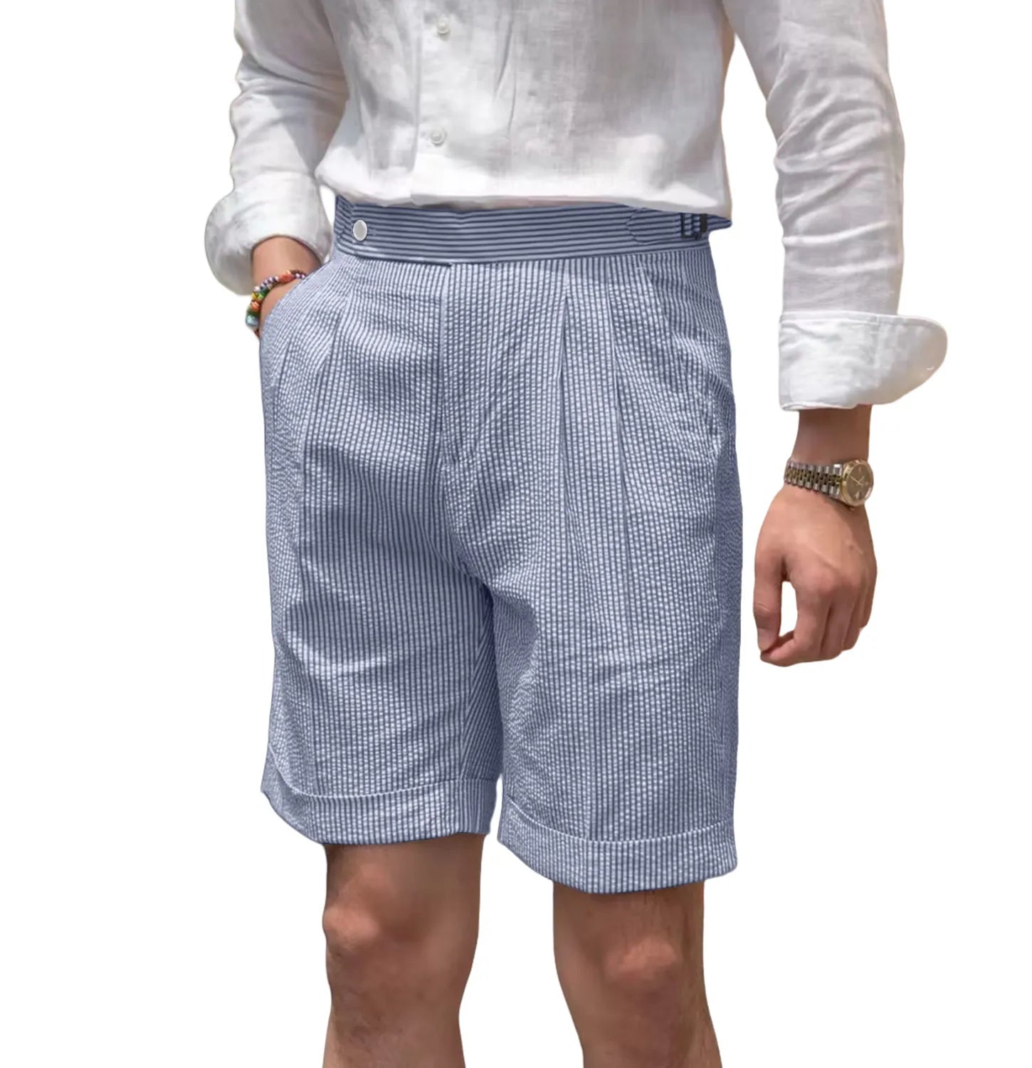 front view of men's navy blue striped seersucker shorts with breathable cotton weave and expandable waist for casual summer wear