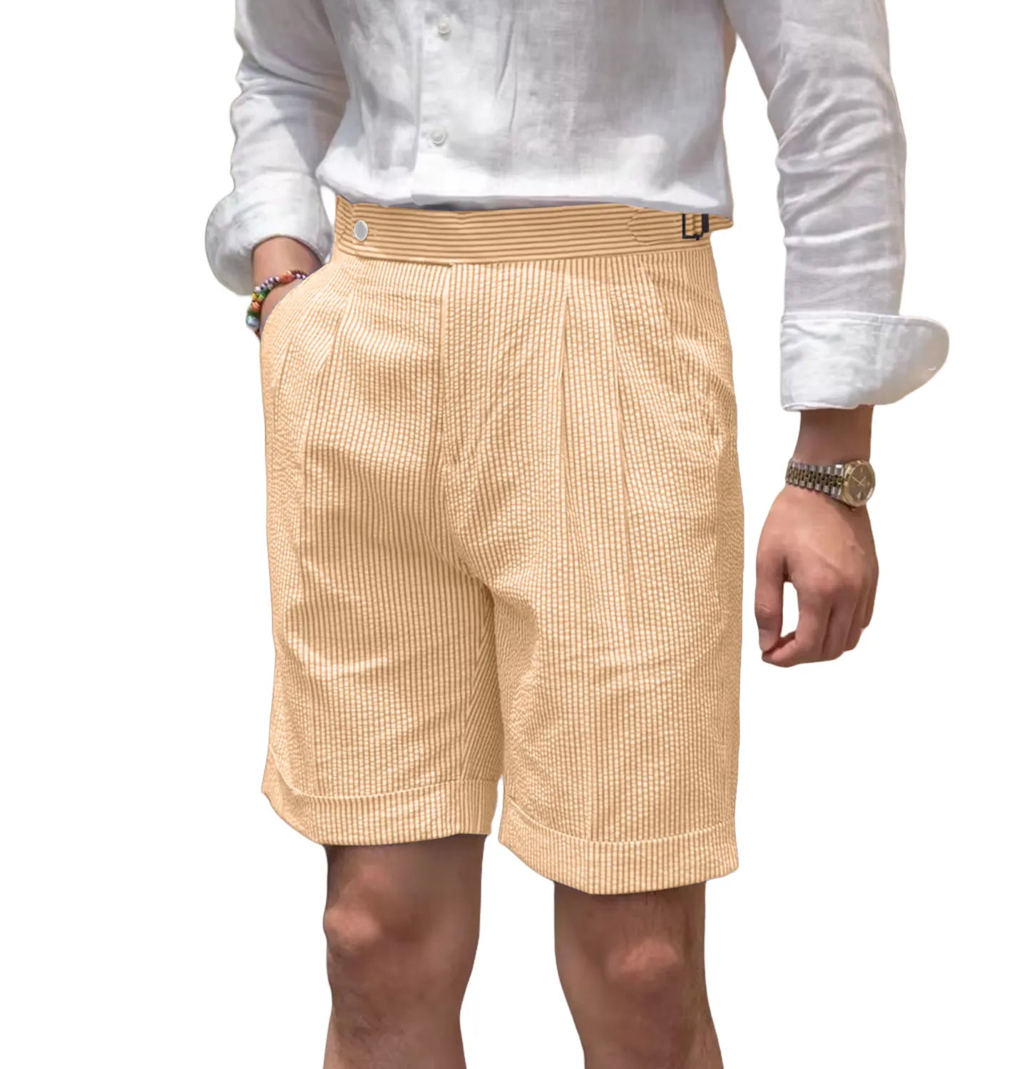 front view of men's orange striped seersucker shorts with breathable fabric and expandable waist for warm weather outfits