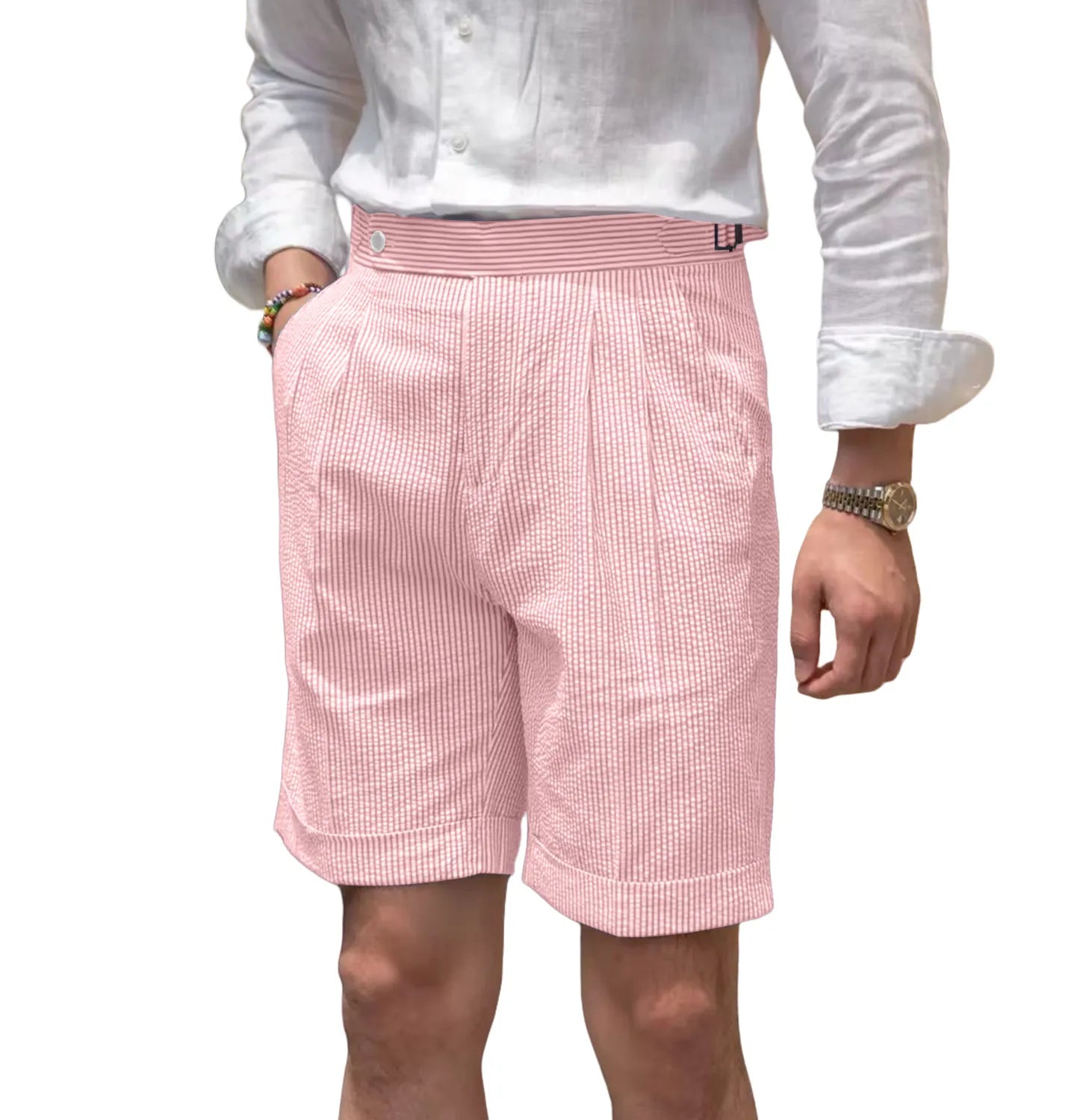 angled view of men's pink striped seersucker shorts showing casual fit and waistband design