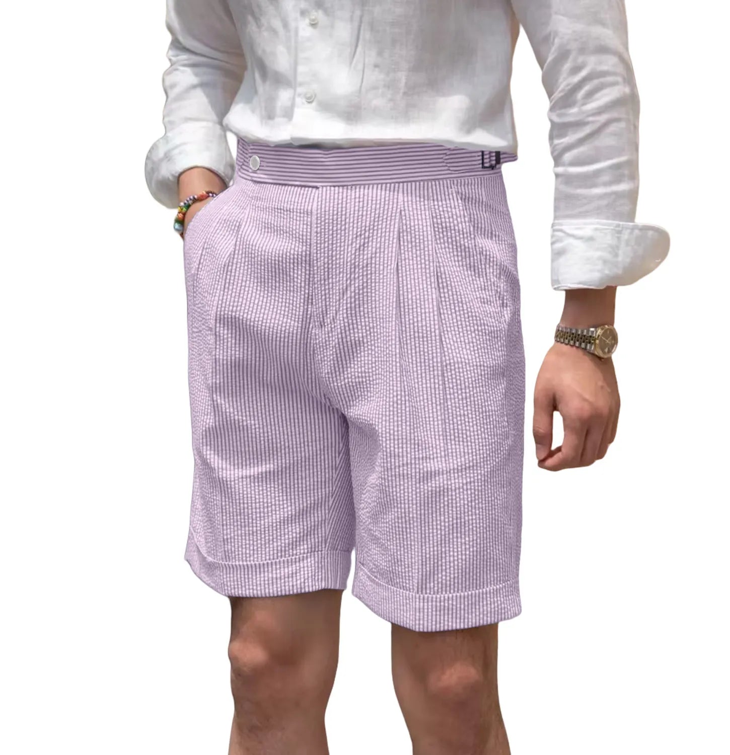 front view of men's purple striped seersucker shorts with breathable fabric and expandable waist for warm weather comfort