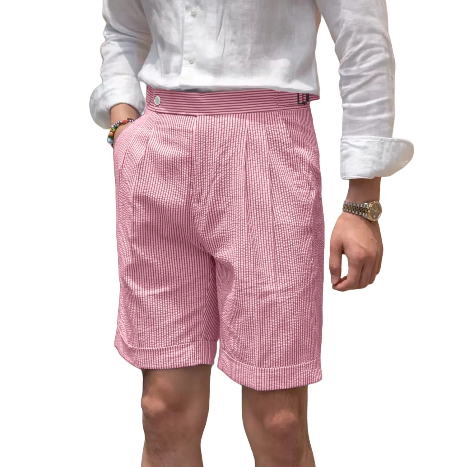 front view of men's red striped seersucker shorts with breathable cotton weave and expandable waist for casual summer wear