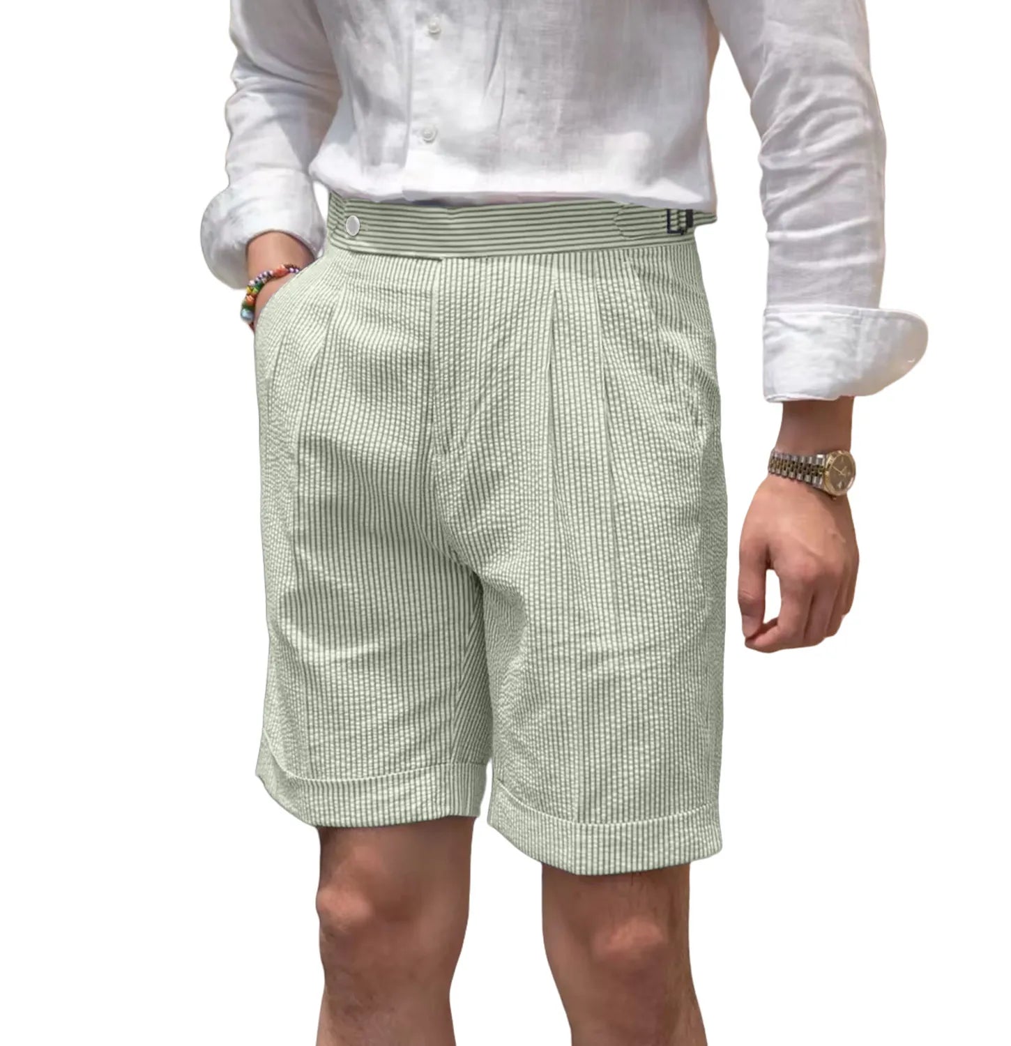 front view of men's sage green striped seersucker shorts with breathable fabric and expandable waist for warm weather style