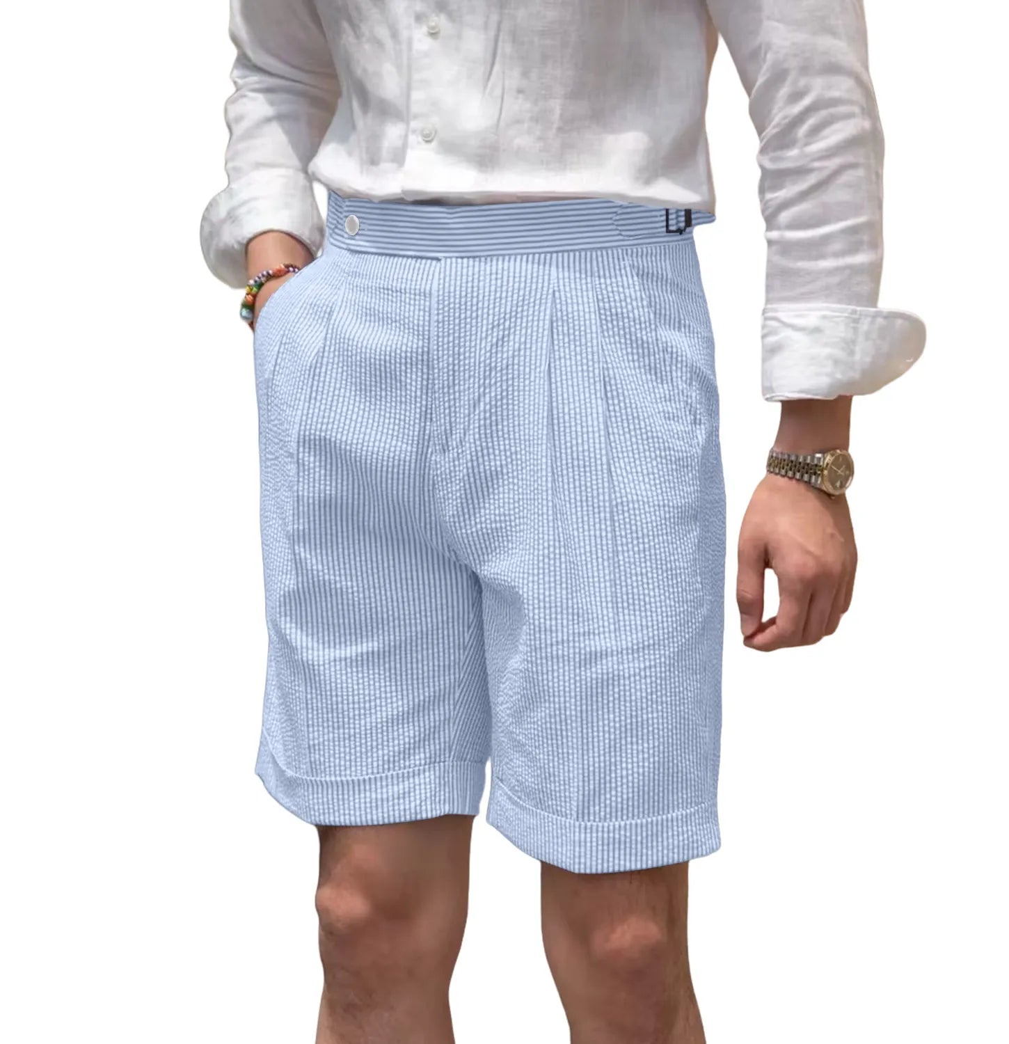 front view of men's sky blue striped seersucker shorts with breathable fabric and expandable waist for warm weather style