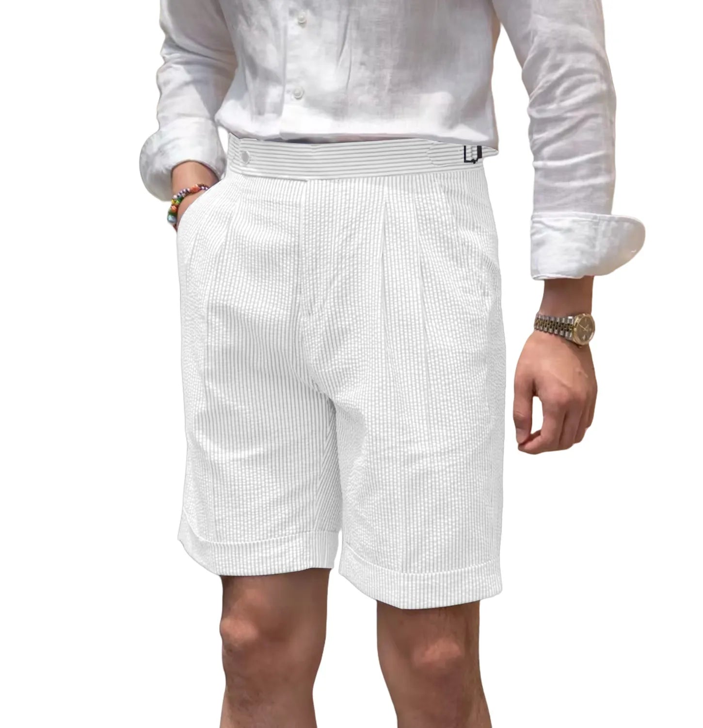 angled view of men's white striped seersucker shorts showing waistband detail and lightweight casual style