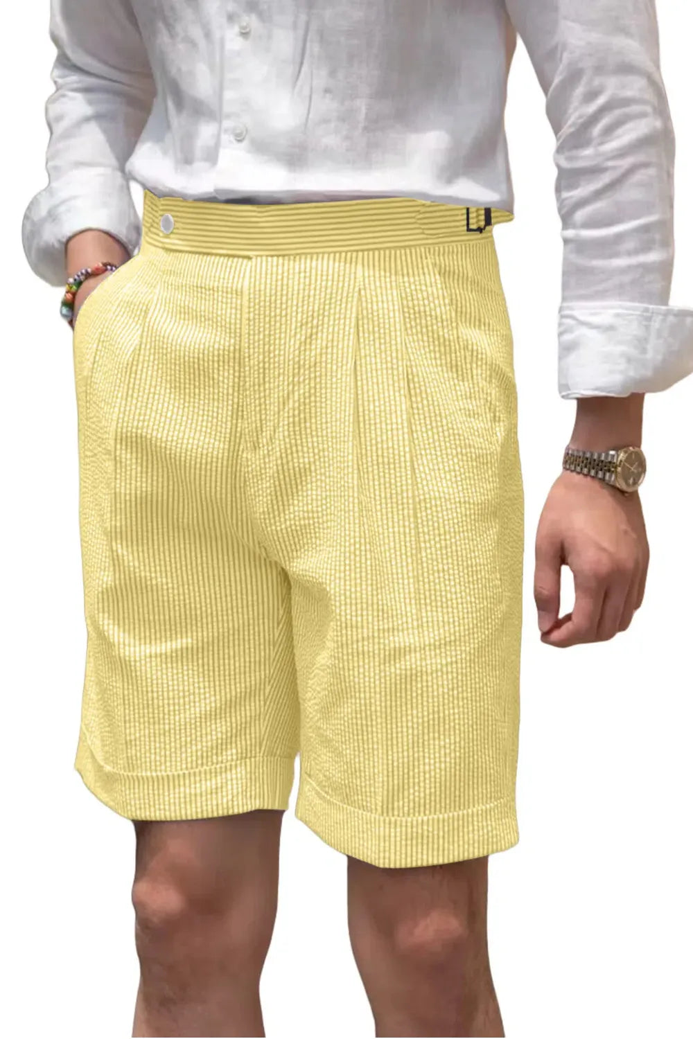 front view of men's yellow striped seersucker shorts with breathable cotton texture and expandable waist for summer comfort