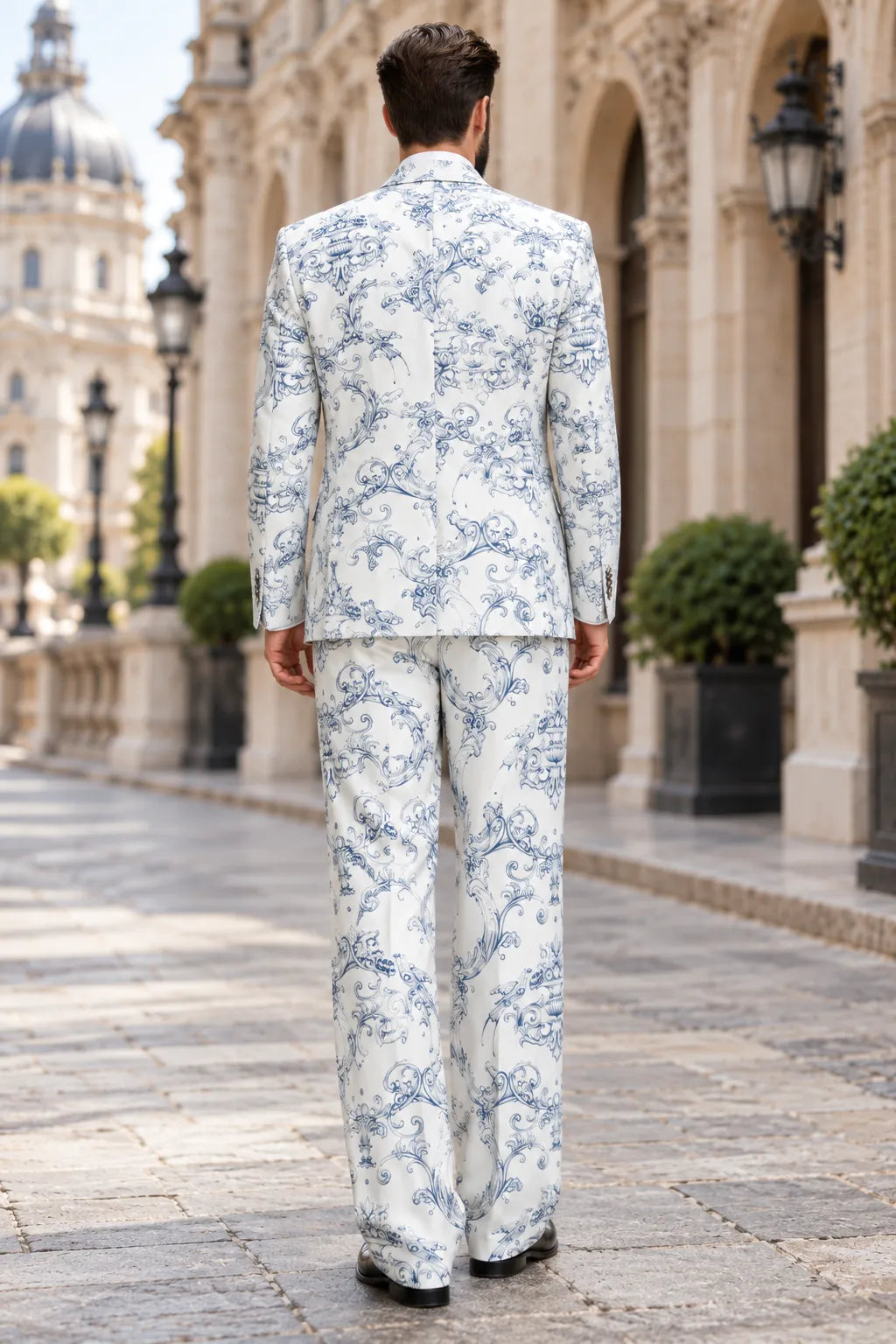 Men's White Blue Floral Print 2 Piece Suit