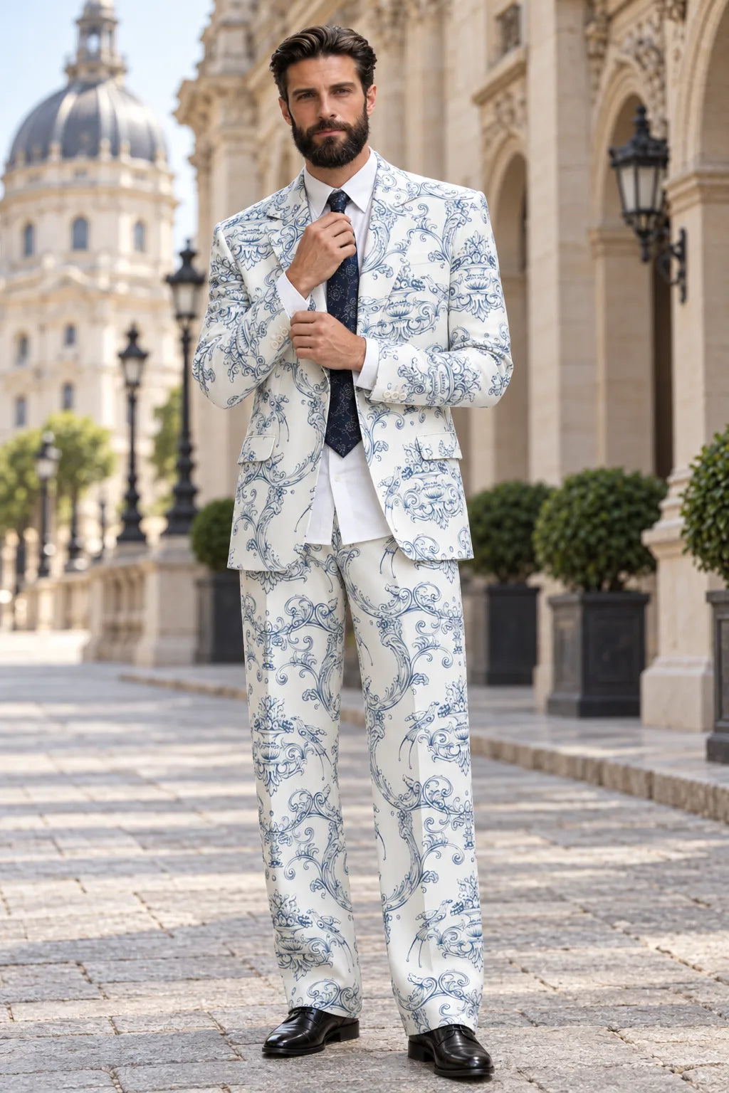 Men's White Blue Floral Print 2 Piece Suit