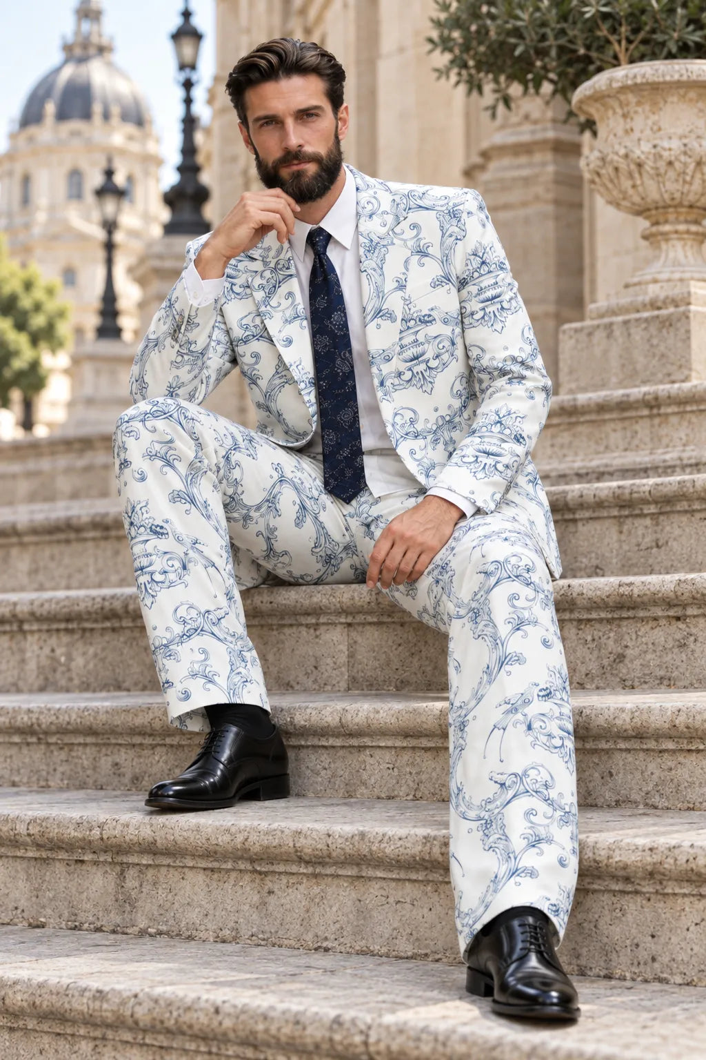 Men's White Blue Floral Print 2 Piece Suit