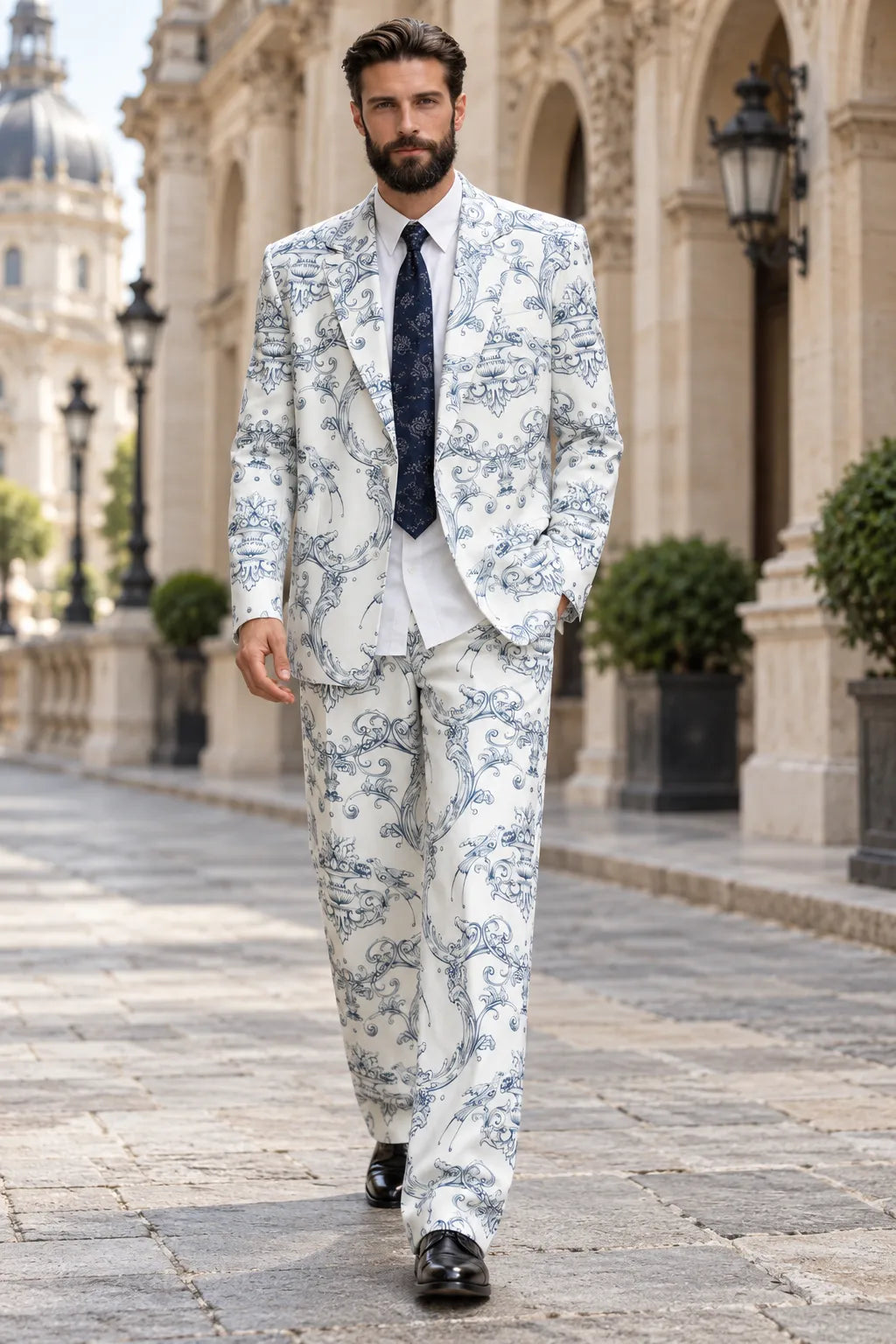 Men's White Blue Floral Print 2 Piece Suit