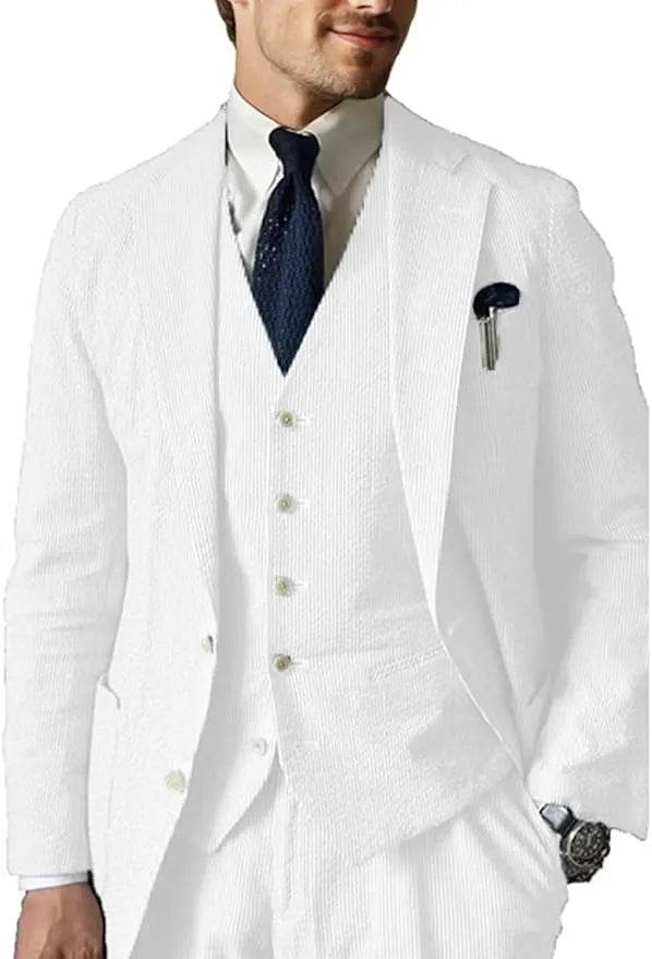 Men's white 3 piece seersucker wedding suit – summer blazer vest set