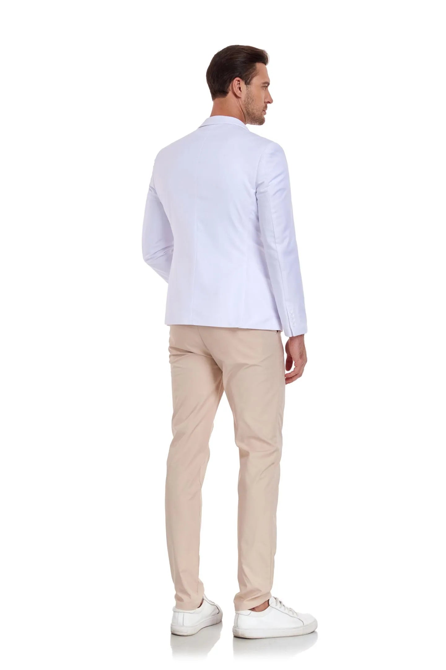 back view of a man wearing a white two-button blazer and beige pants, ideal for casual wear or business occasions.