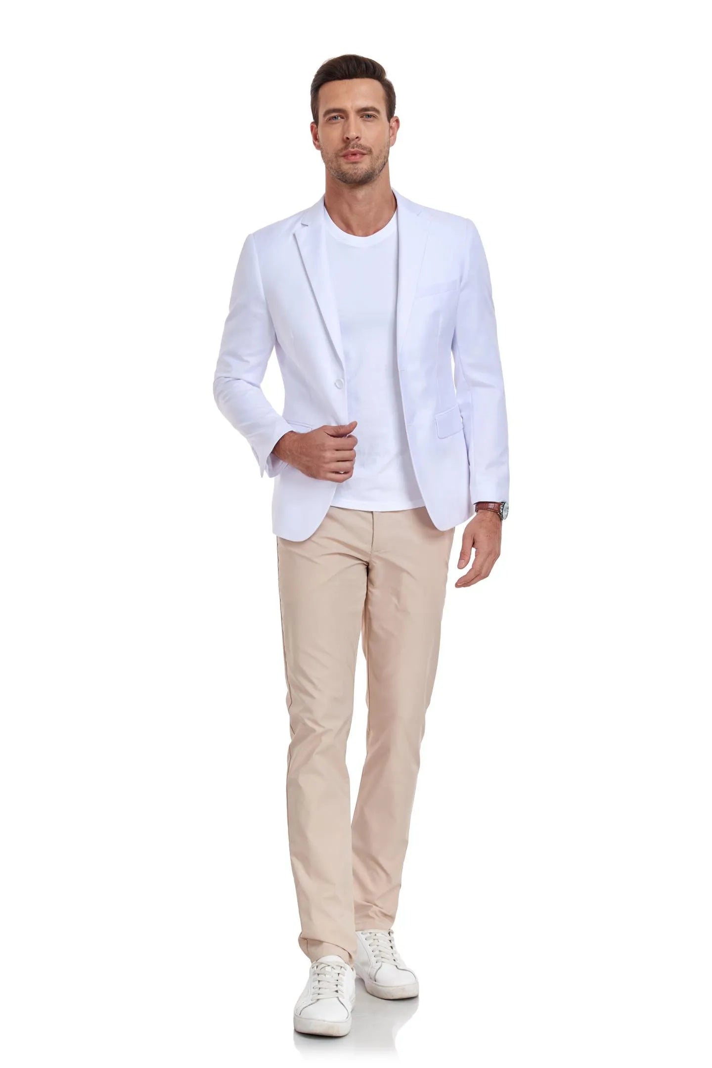 full-body shot of a man wearing a white two-button blazer with beige pants for a casual look – perfect for weddings and business events.