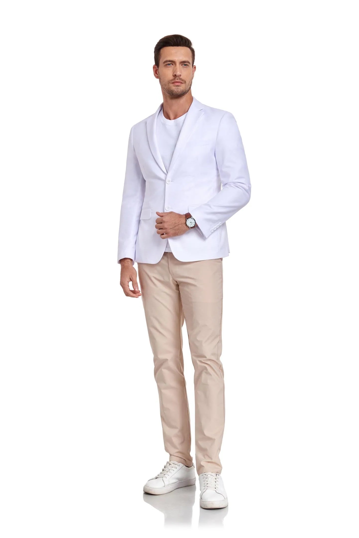 side view of a man in a white two-button blazer, beige pants, and white sneakers – a versatile outfit for casual and formal events.