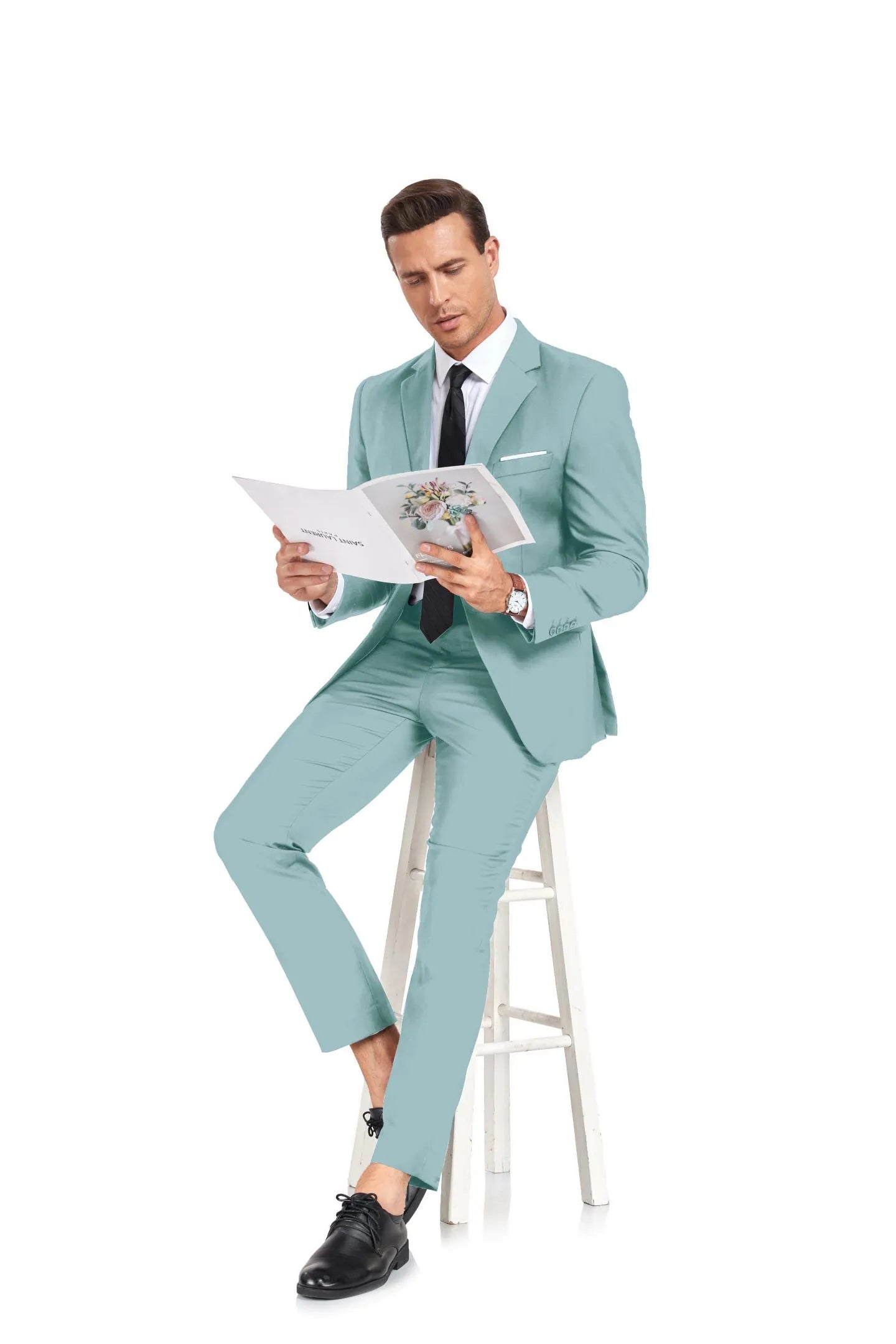 slim fit mint green two button 2 piece men's suit, tailored jacket and pants combination