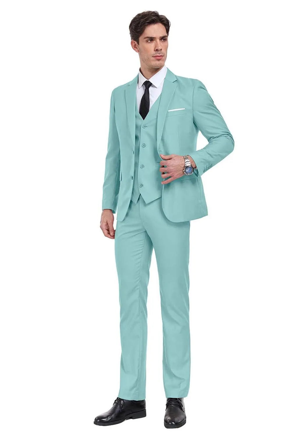 Front view of mint green 3 piece men's suit – slim fit blazer, vest, and trousers for proms and weddings