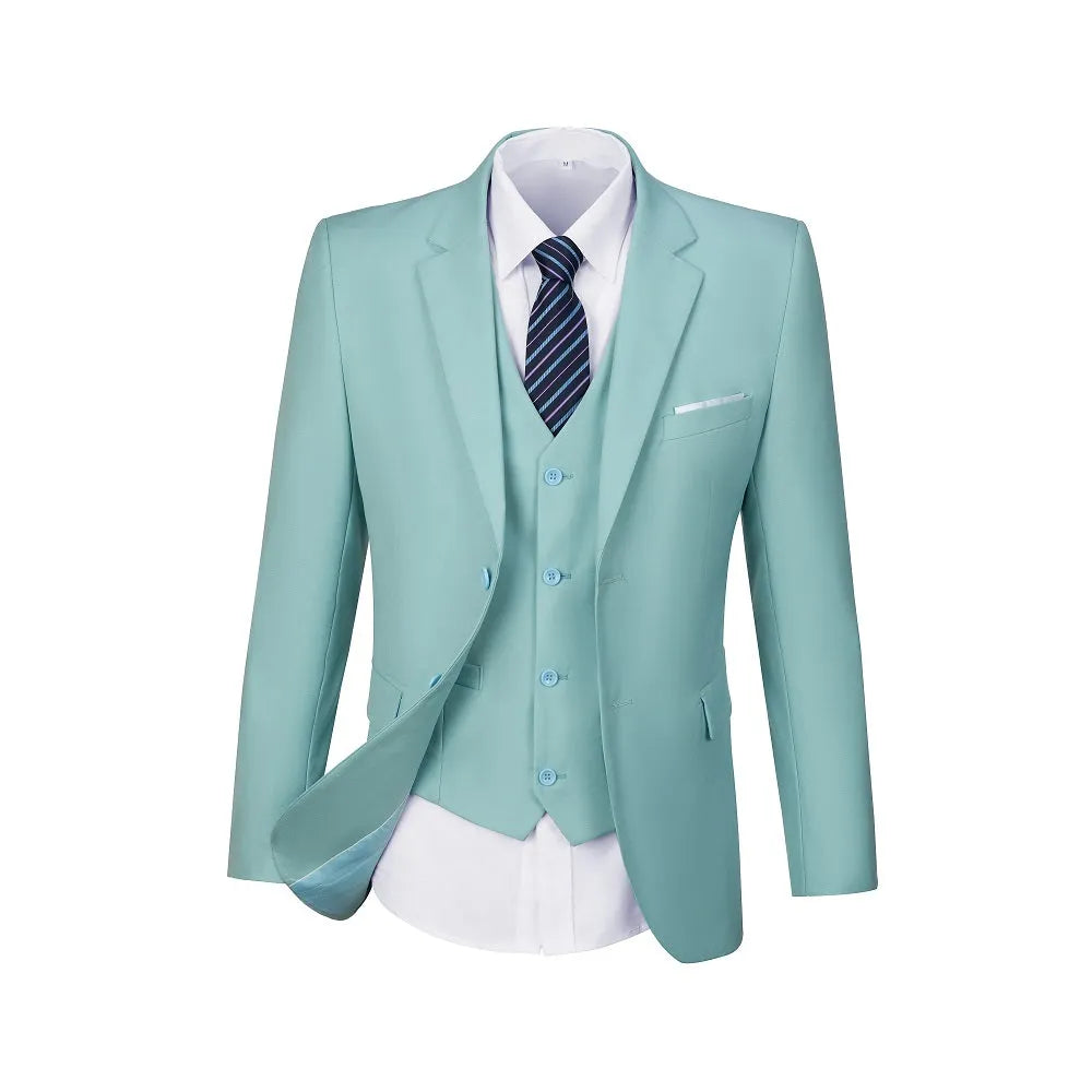 Mint green slim fit men's suit – blazer and vest paired with tie for wedding style