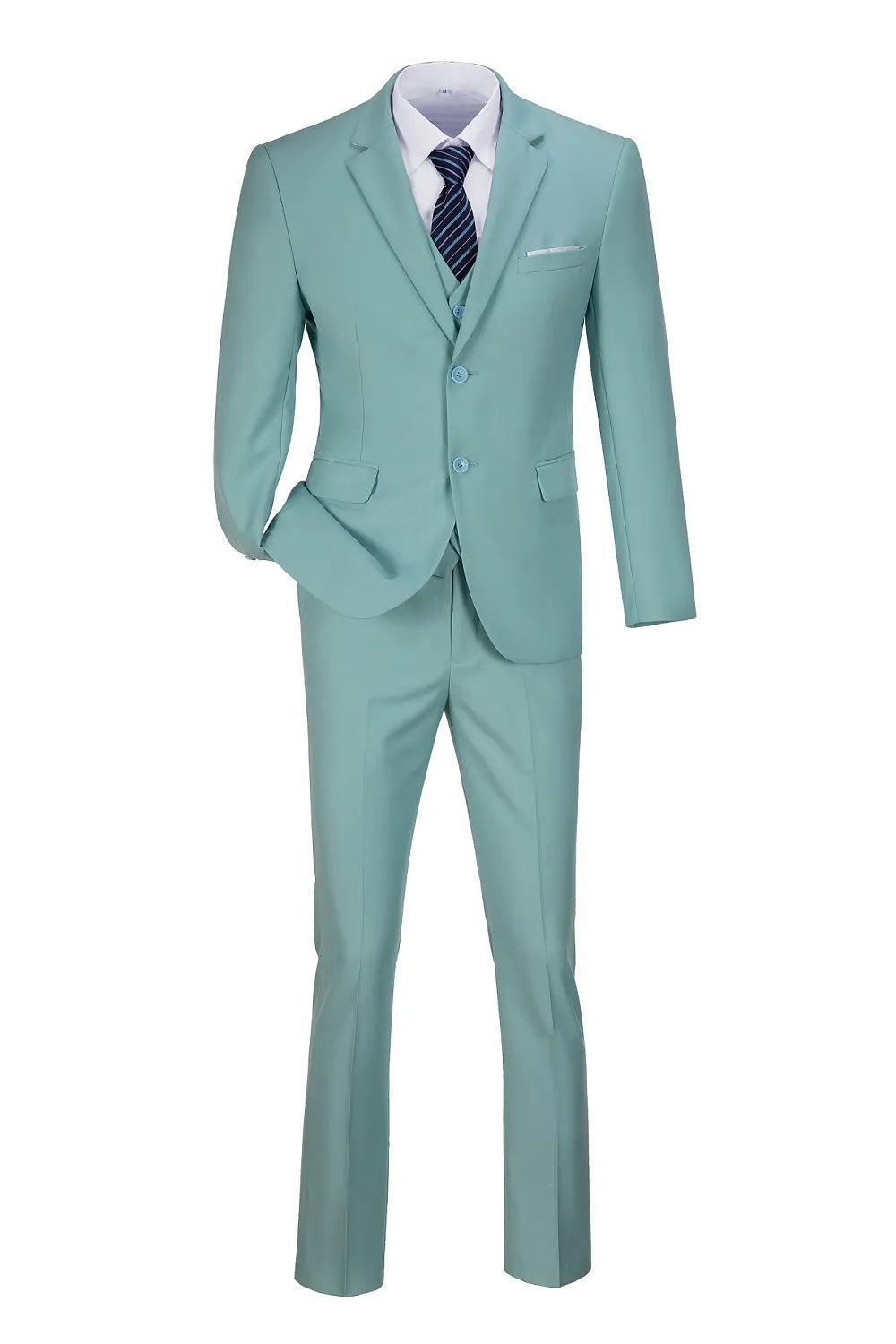 Mint green slim fit 3 piece men's suit – two button blazer, vest, and trousers shown on mannequin