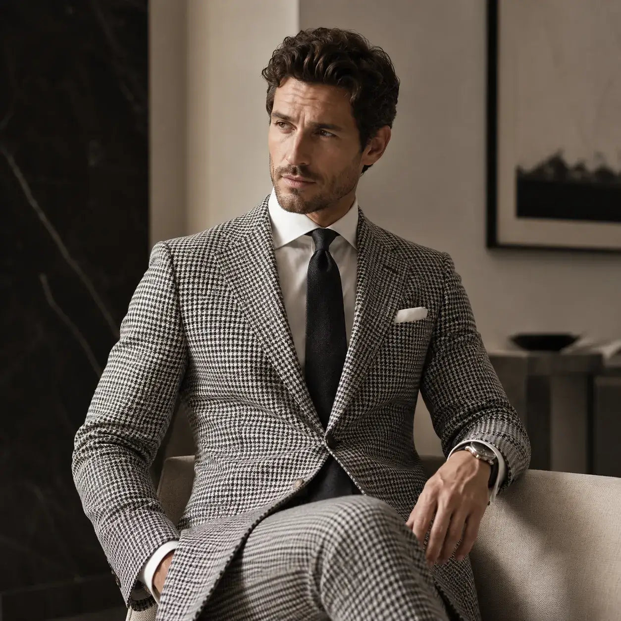 Modern male model wearing a tailored houndstooth suit in a luxury interior setting.
