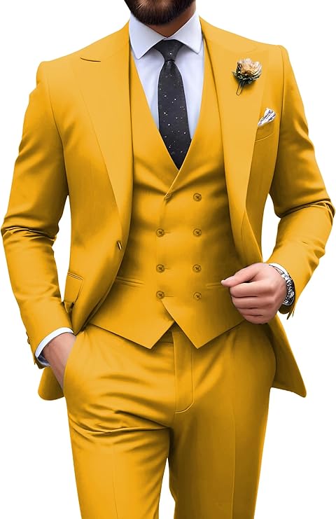 Men’s mustard yellow tuxedo set with tailored fit blazer, formal vest, and dress pants – ideal for casual weddings or prom
