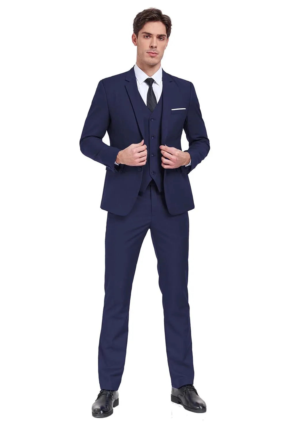 Front view of navy 3 piece men's suit – slim fit blazer, vest, and trousers for weddings and business formals