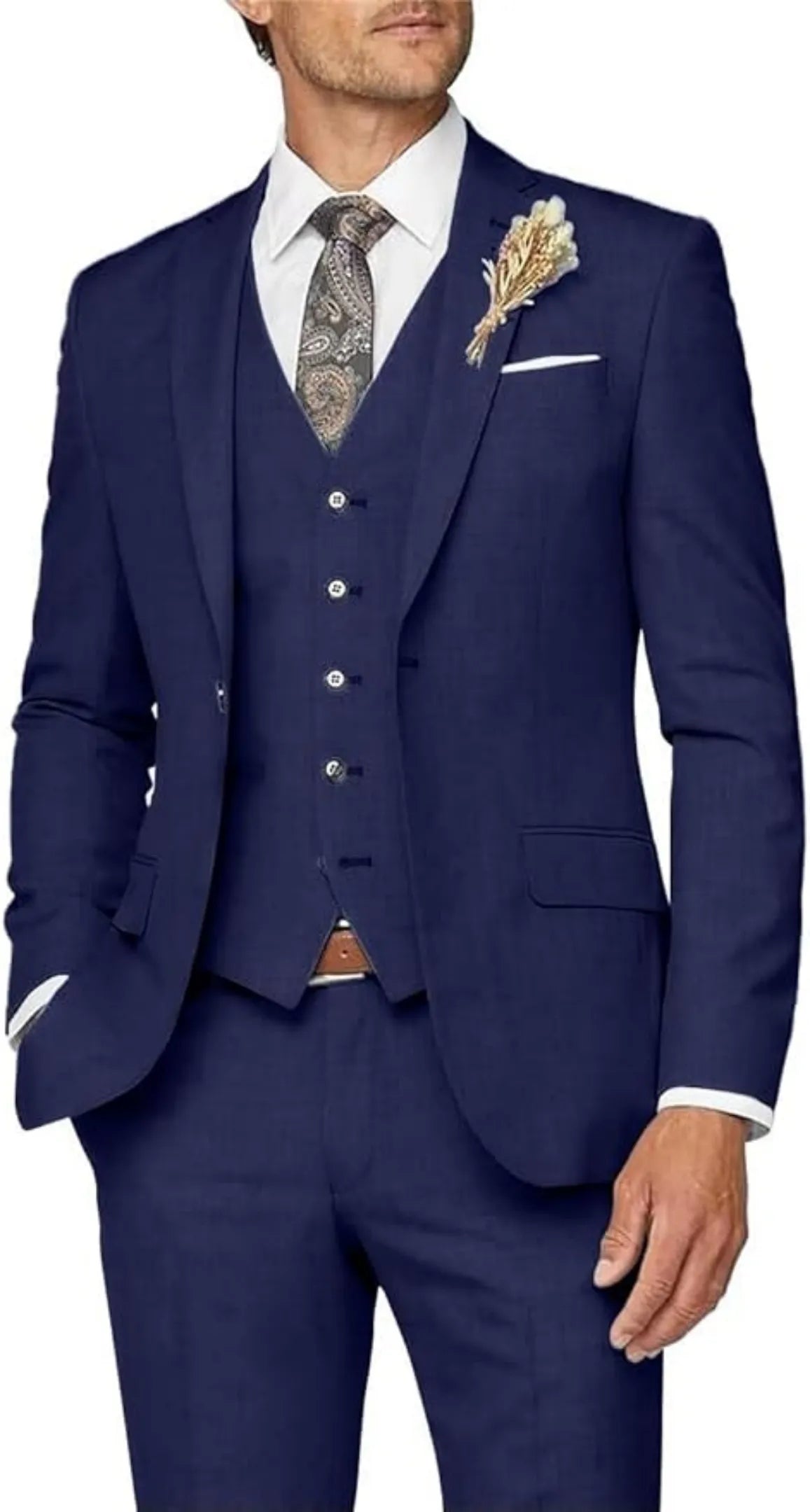 navy 3 piece suit for men: formal wedding prom outfit with slim blazer, vest, trousers & lapel flower